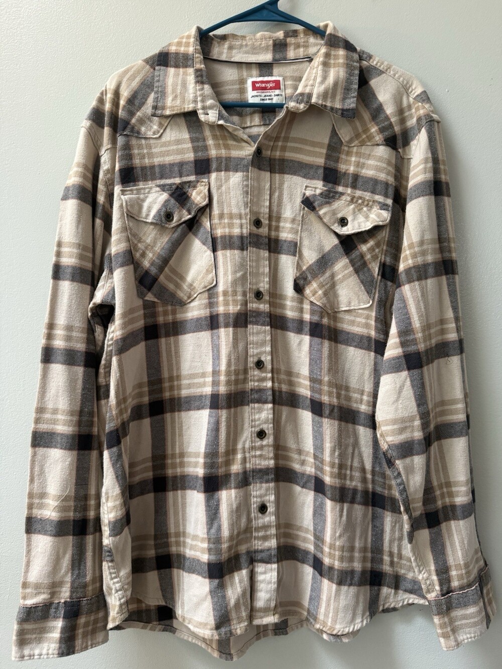 Wrangler Men's XL Plaid Western Shirt Tan Brown Slim Fit Cowboy Workwear